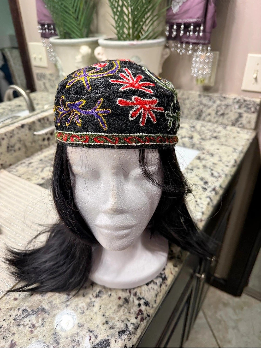 Embroidered Floral Hat in Black & Red Like New